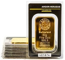 Otevřete Argor Heraeus SA 50 gramů - Investiční zlatý slitek - Set 10 ks slitků